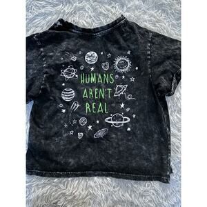Vibe N Kids Sz. M “ Humans Aren’t Real” Black Washed Tee. Cute, Fun, Grt. Shape